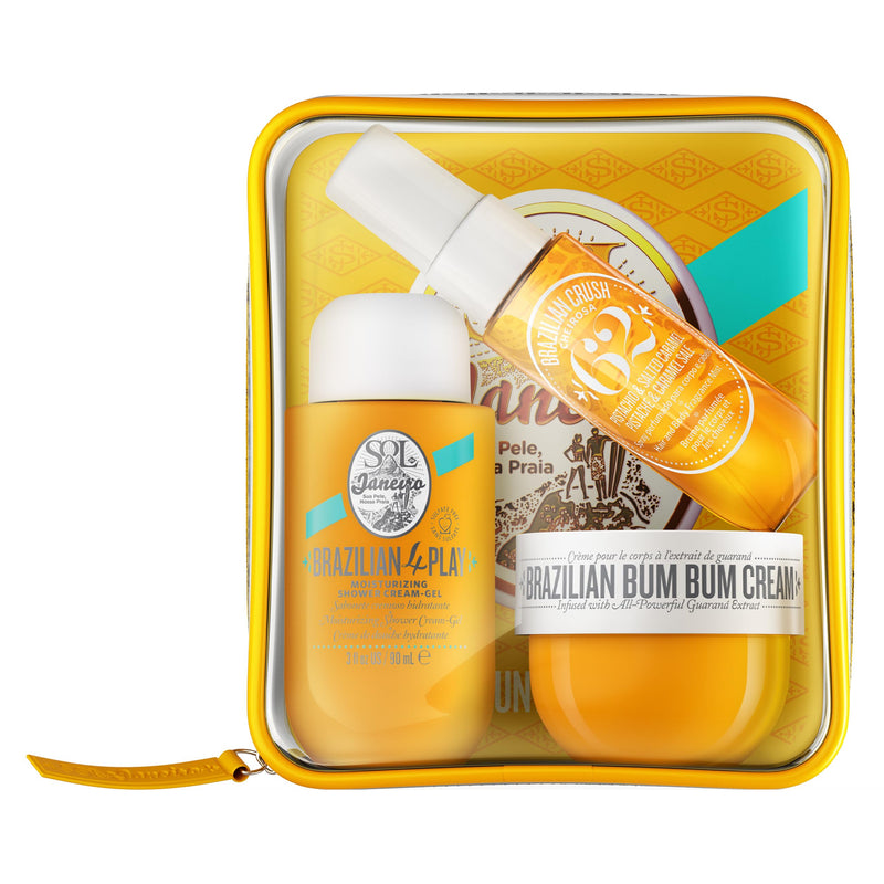 Kit Sol de Janeiro Bum Bum Jet Set, Creme Corporal Brazilian Bum Bum Cream, Sabonete Líquido para Banho Brazilian 4 Play, Mist Perfumado para o Corpo Brazilian Crush Cheirora '62, Creme Corporal Sol de Janeiro Brazilian Bum Bum Cream.