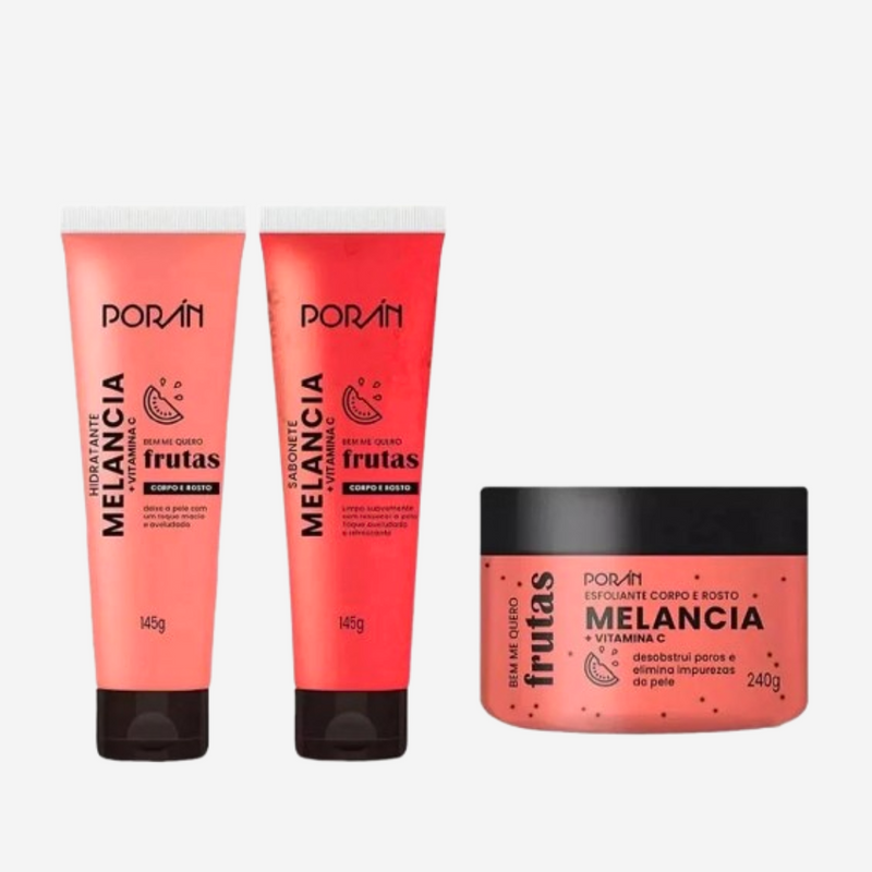 Kit Porán Esfoliante Hidratante e Sabonete, Kit Esfoliante Hidratante e Sabonete Porán, Esfoliante Corpo e Rosto Melancia Porán, Porán Kit De Beleza Sabonete Esfoliante Hidratante Melancia.