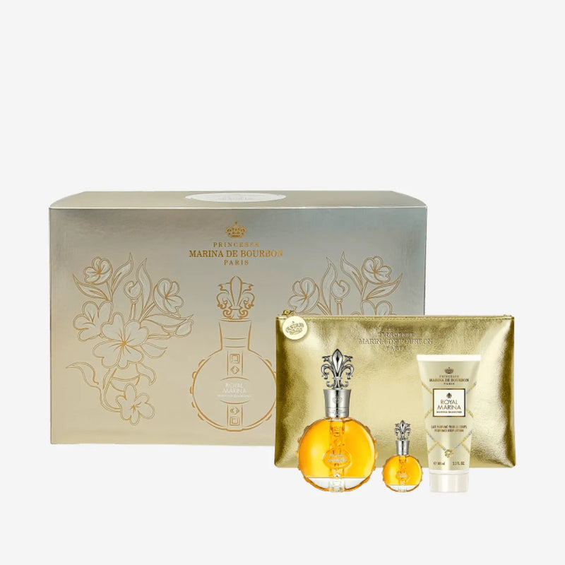 Kit Royal Diamond Marina de Bourbon Eau de Parfum 100ml + Perfume Miniatura 7,5ml + Body Lotion 100ml + Necessaire, Conjunto Royal Diamond Marina de Bourbon Feminino - Perfume Eau de Parfum 100ml + Perfume Feminino 7,5ml + Body Lotion 100ml, Kit Royal Marina Diamond Eau de Parfum.