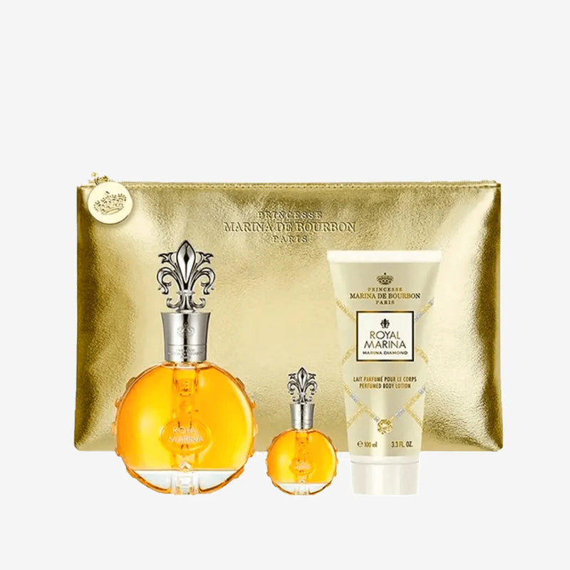 Kit Royal Diamond Marina de Bourbon Eau de Parfum 100ml + Perfume Miniatura 7,5ml + Body Lotion 100ml + Necessaire, Conjunto Royal Diamond Marina de Bourbon Feminino - Perfume Eau de Parfum 100ml + Perfume Feminino 7,5ml + Body Lotion 100ml, Kit Royal Marina Diamond Eau de Parfum.