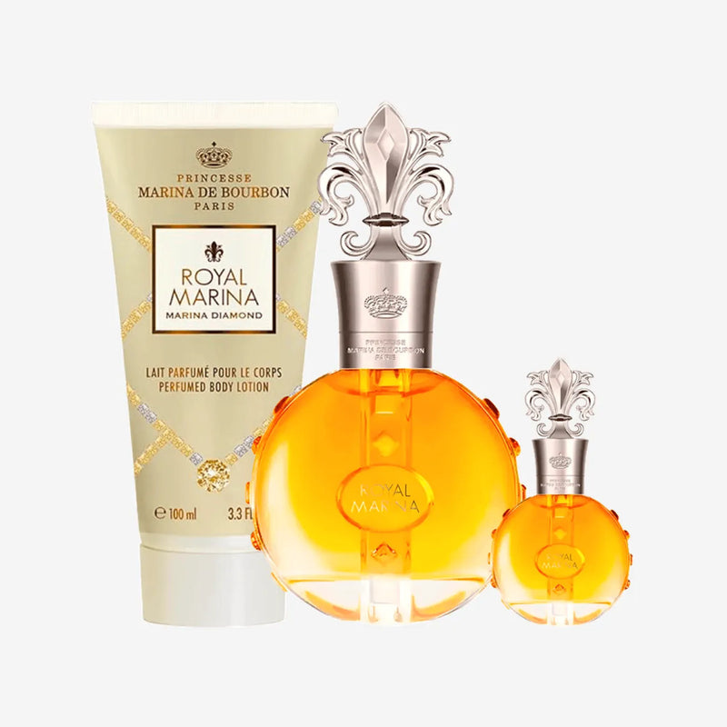 Kit Royal Diamond Marina de Bourbon Eau de Parfum 100ml + Perfume Miniatura 7,5ml + Body Lotion 100ml + Necessaire, Conjunto Royal Diamond Marina de Bourbon Feminino - Perfume Eau de Parfum 100ml + Perfume Feminino 7,5ml + Body Lotion 100ml, Kit Royal Marina Diamond Eau de Parfum.